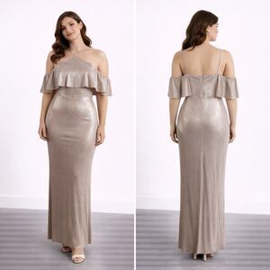 Adrianna Papell Off The Shoulder High Back Slit Maxi Dress Silver 4